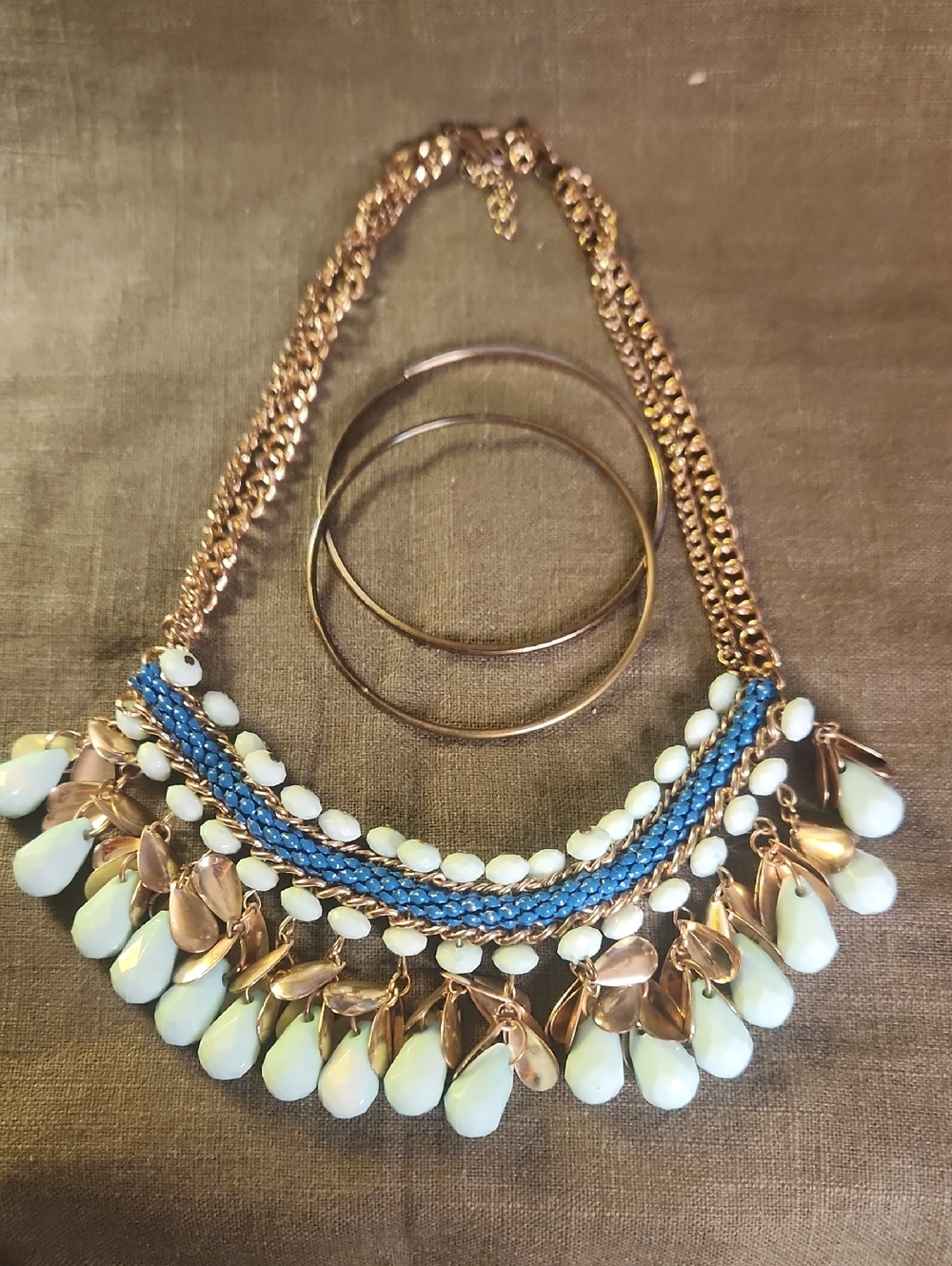 Gold-Tone & Blue Statement Bib Necklace with Mint Teardrop Accents